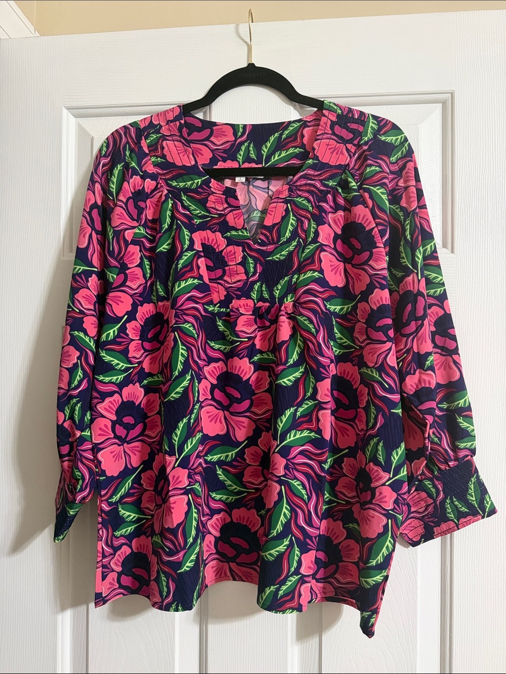Michelle McDowell Pink Navy Blue Green Floral 3/4 Sleeve V Neck Blouse Large